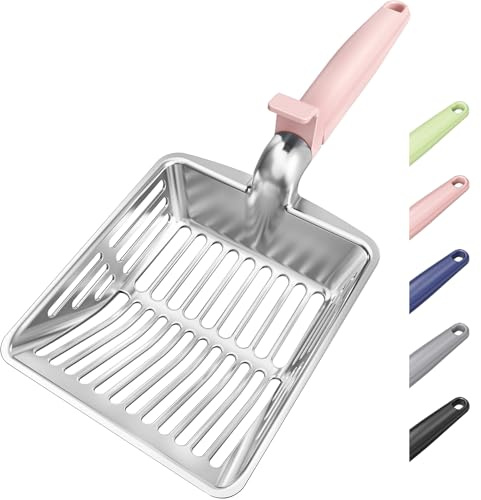 Large Metal Cat Litter Scoop w/ Deep Shovel, Dual-Size Holes & Hanging Hook | Heavy-Duty Kitty Scooper: Fast & Precise Sifting for Less Waste; Lightweight Aluminum Scoop w/ Long Handle & Easy-Hang - Pink