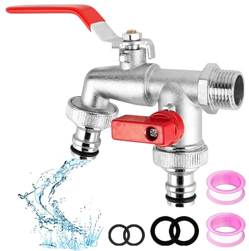 Wasserhahn Garten Doppel Auslaufhahn 1/2 Zoll & 3/4 Zoll Kugelhahn(Rot) | Doppelwasserhahn mit Schlauchanschlüsse Rollendichtband Doppelanschluss und Schlauchtülle für die Garten Haushaltsindustrie