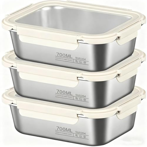 CECOMBINE 3Pack Stainless Steel Food Storage Containers With Lids, Airtight Metal Food Container, Stackable Meal Prep Containers, Leakproof Metal Lunch Box for Kitchen,Office,Bento,Snacks