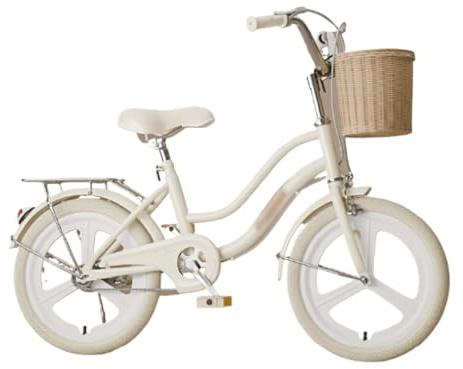 YBNKKUXKN Fahrrad Kinder Kinderfahrrad, 16-22 Zoll Kinderfahrrad for Jungen und Mädchen, Fahrergröße 32-60 Zoll, Rücktrittbremse mit gewebtem Korb und Klingel kinderfahrrad(Beige1,22inch)