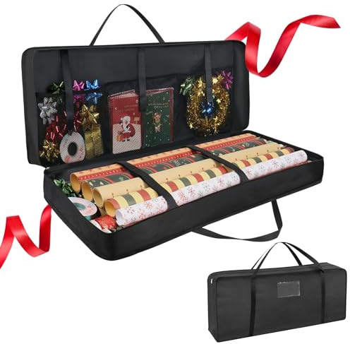 Forbabe Almacenamiento de papel de regalo, 82 x 13 x 34 cm, organizador de papel de regalo con asas, 600D Oxford, bolsa de almacenamiento con 3 compartimentos, papel de Navidad, rollos de papel de