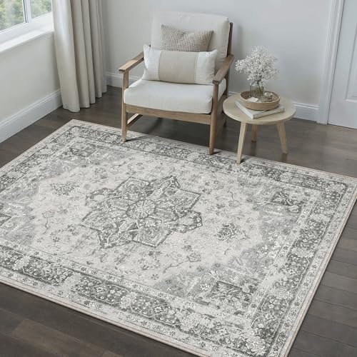 PureCozy Grau Vintage Teppich Wohnzimmer 80x150cm Waschbar | Waschbarer Teppich, Weich Rutschfest, Kurzflor im Retro, für wohnzimmerteppich Schlafzimmer Esszimmer, Carpet Teppiche