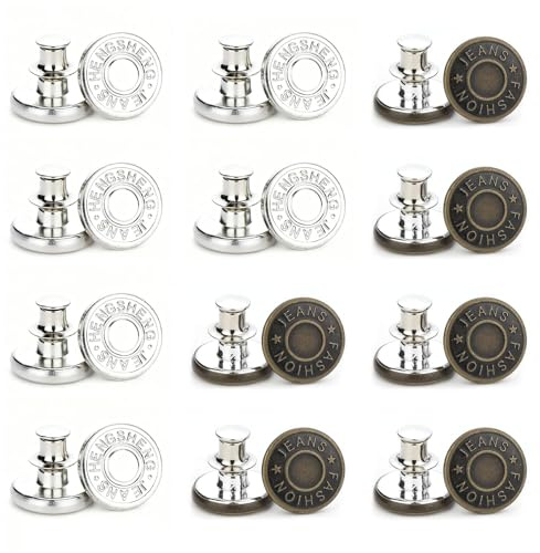 Jeansknapp utan sömnad, 12 stycken byxor ersättningsknappar, justerbara byxor, ersättningsknappar, snäva gör, 17 x 17 mm, universella reservknappar för byxor, jeans, kjolar och jackor