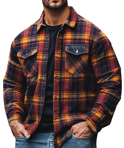 Generisk skjorta för män: Fritidsskjorta med bröstficka, traditionell skjorta med button down, långärmad skjorta, lätt rutig skjorta, andas, skogshuggarskjorta, klassisk, bekväm topp, för avslappnad