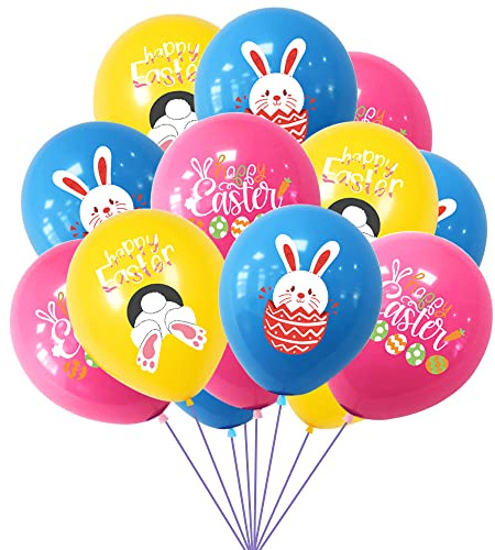 18Pcs Happy Easter Balloons -Satiskid 3 Colors 12 Inch Bunny Egg Balloon Set, Vibrant Latex Balloons for Easter Party Decorations, Hunt Games, Festive Home Decoration