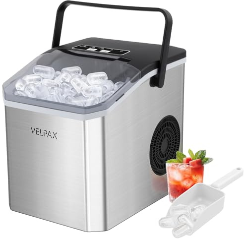 Ice Maker Machine Countertop with Handle, 9 Bullet Ice in 6 Mins, 12KG/24H, Self-Cleaning Ice Machine with 1.3L Tank & 2 Ice Sizes, Portable for Home/Kitchen/Office/Bar (Silvery)