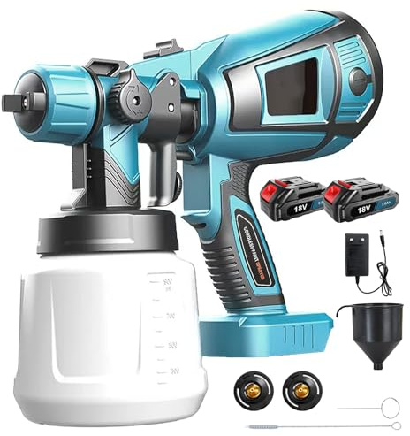 Pistolet à peinture sans fil avec 2 batteries de 3000 mAh et chargeur, récipient en PVC de 1000 ml, 3 buses (1,0/1,8/2,5 mm), moteur puissant pour meubles, murs, clôtures, portes - Idéal pour les