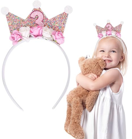 Födelsedagskrona för barn | 3-års födelsedagskrona-pannband för småbarnsflickor | Blomprinsesstida med dekorationer och håraccessoar (3 år)