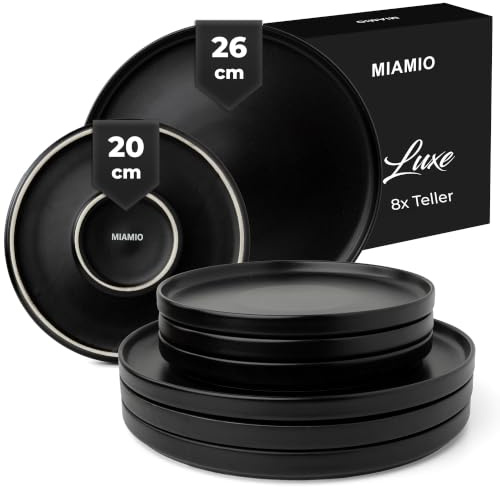 MIAMIO - Set 8 piatti in ceramica per 4 persone - Luxe (Nero) | Set moderno con 4 piatti piccoli e 4 grandi in ceramica per 4 persone - lavabile in lavastoviglie