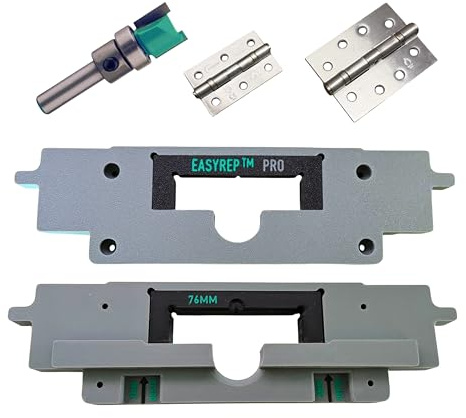 EASYREP Pro 2-in-1 Door Hinge Router Jig – Fits 76mm (3”) & 102mm (4”) Hinges – Dual Routing Template with Quick-Swap Insert 2mm & 3mm Depth Setters UK Made Jig for Hinge Mortices (Jig and Router Bit)