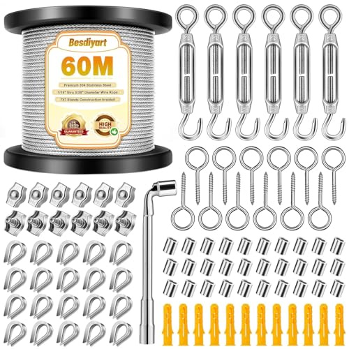 94 Pcs Wire Rope Kit, 60M/197FT 2mm 304 Stainless Steel Garden Wire for Climbing Plants – PVC Coated, with M4 Turnbuckles – Heavy Duty for String Lights, Trellis, Fence, Clothes Line, Tent Rope, Fishi