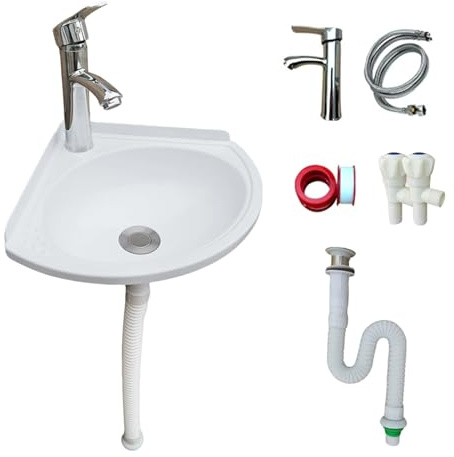 Wall Mount Bathroom Corner Basin Sink, Small Plastic Cloakroom Sink, Space-Saving Wall Hung Hand Wash Basin with Tap & Waste Kit for Cloakroom/WC/Toilet (Corner Basin Set)
