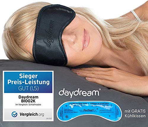 daydream Schlafmaske Frauen & Herren inkl. gratis Kühlkissen (= Kühlmaske) - Testsieger - Schlafbrille - Augenmaske, schwarz (B-1002K)