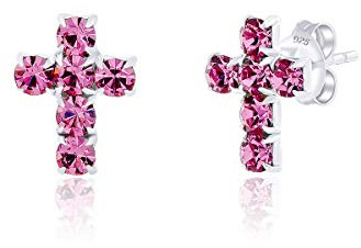 DTPsilver® Kleine Ohrringe 925 Sterling Silber - Kreuz und Glitzernde Österreichischer Kristalle Ohrstecker - Maße: 8 x 10 mm - Viele Farben erhältlich