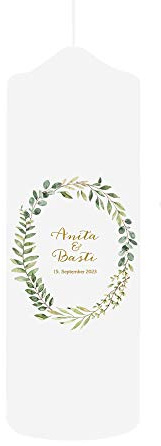 Weddix Boho Hochzeitskerze mit Namen und Datum, 24 cm groß mit Eukalyptus Scandi Motiv - Traukerze zur Hochzeit, individueller Spruch
