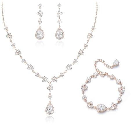 Crysdue Teardrop Bridal Jewelry Set for Wedding Party, Rose Gold Prom Costume Jewellery for Bride Bridesmaids Women, Cubic Zirconia Necklace Dangle Earrings Bracelet