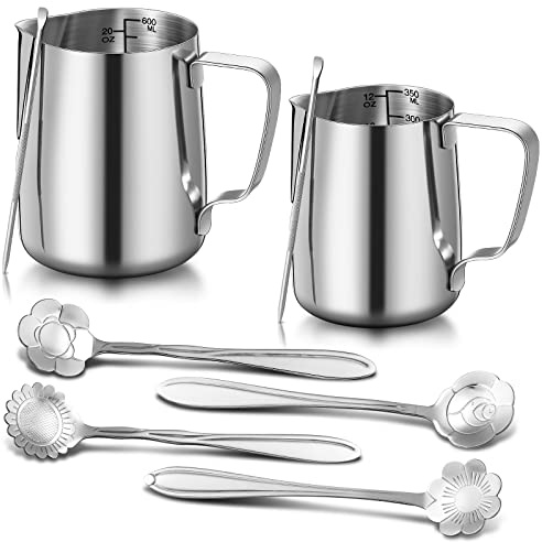 Irenare 2 Pcs Stainless Steel Milk Frothing Pitcher 12 Oz and 20 Oz, Silver