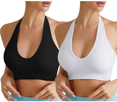 Soutien-Gorge de Sport Femme Dos Nu Sexy décolleté en V Profond Halter Neck Push Up Rembourré sans Armature sans-Couture Bra Confort Yoga Pilates Fitness