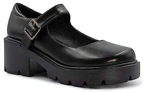 Womens Chunky Platform Low Block Heels Mary Janes Ankle Strap Closed Toe Court Shoes Ladies Comfort Work Pumps Comfy Round Toe Smart Office Work Shoes