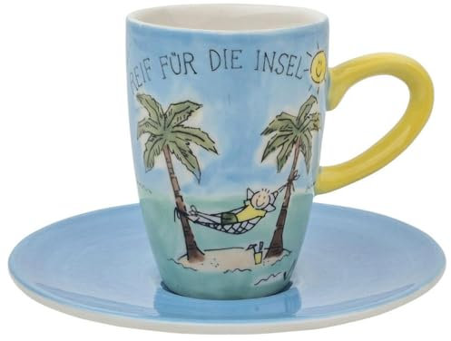 Mila Keramik Espresso-Tasse mit Untere ca. 75ml Reif für die Insel Kaffee-Genuss unter Palmen, Sonne, Meer und Erinnerung an Strand & Urlaub als Geschenk mit positiv sonnigen Aussichten