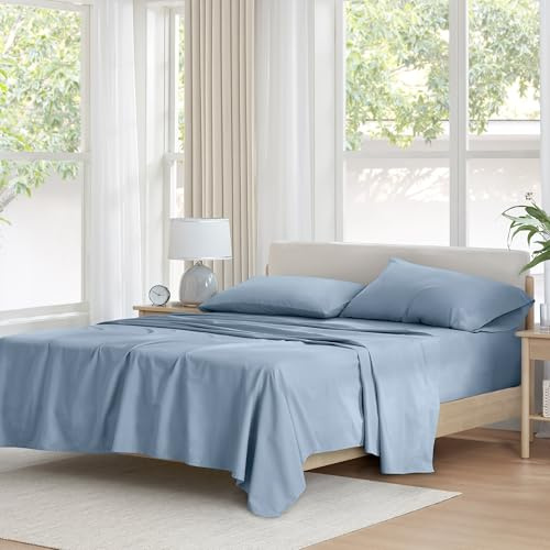 Comfort Spaces 100% Cotton Sheet Set Breathable, Lightweight, Soft with 14 Elastic Pocket Fits up to 16 Mattress, All Season Cozy Bedding, Matching Pillow Case, Queen Blue 4 Piece