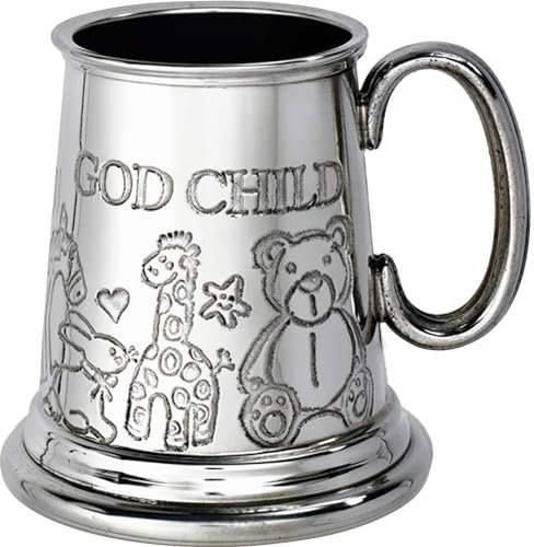 Zinn Krug Viertel Pint Patenkind-Tasse mit Tierspielzeug-Design auf der Vorder und Rückseite des Körpers zur Taufe