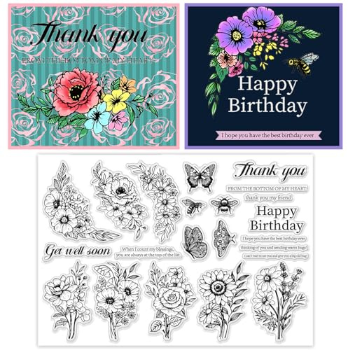 ORIGACH Blumen und Segen Worte Große klare Stempel für Kartenherstellung Blumen Schmetterling Biene und Sprüche Transparente Silikonstempel für DIY Scrapbooking und Album dekorative