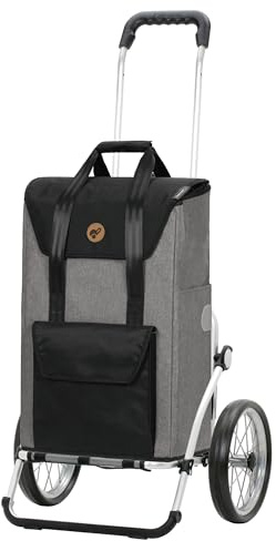 ANDERSEN Einkaufstrolley - Royal Shopper Senta 2.0 grau | mit Speichenrädern, große Räder, 25 cm, aus Alu, bis 50 kg - Tasche mit Kordelzug, Fronttasche, Reflektoren, 49 L