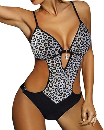 JFAN Costumi da Bagno Interi Donna Trikini Costume da Mare Spiaggia Piscina Sexy Costume da Bagno Intero Donna con Push-up Imbottitura, XXL -Stampa Leopardo