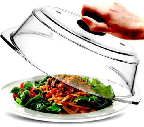 Tall Microwave glass plate splatter cover | Sturdy clear 100% food safe BPA free glass lid with easy grip silicone handle | Dishwasher safe for easy cleaning - 10.5in