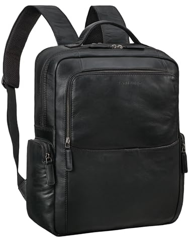 STILORD 'Gino' Mochila de cuero empresarial para hombres y mujeres gran mochila portátil vintage de 15,6-17 pulgadas mochila de día el trabajo de oficina, Color:negro