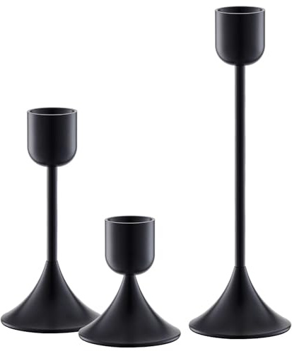 idyllictime Kerzenhalter Metall Schwerer Sockel für Kegelkerzen Stabkerzen Tischdeko Dekoration (Schwarz, 1 Set (3 Pcs))