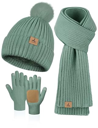 LOROME Damen-Wintermütze, Schal, Handschuhe, Set, Fleece, gestrickt, Bommelmütze, warmer Halstuch, Touchscreen-Handschuhe, Wintergeschenk, Mintgrün, 5 1/8-7 7/8