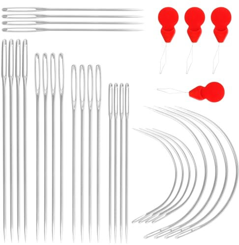 28 PCS Upholstery Hand Nähnadeln mit 8 PCS gebogenen Ledernadeln, 20 Ledernadeln für Handnähen, 4 Nadeleinfädler, Großes Auge Sicken Ledernadeln für Handnähen Teppich Segeltuch