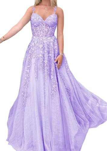 WSEYU Lace Appliques Corset Prom Dresses Long with Slit for Women Spaghetti Straps Tulle Formal Party Ball Gowns Lilac UK14
