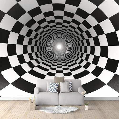 3D Vliestapete Schwarze Weiße Quadrate Optische Täuschungseffekt 200x140 cm Fototapete, Wanddeko, Wandbild, Wandtapete, Vlies Tapete, Wohnzimmer Schlafzimmer Büro Flur Wand Dekoration