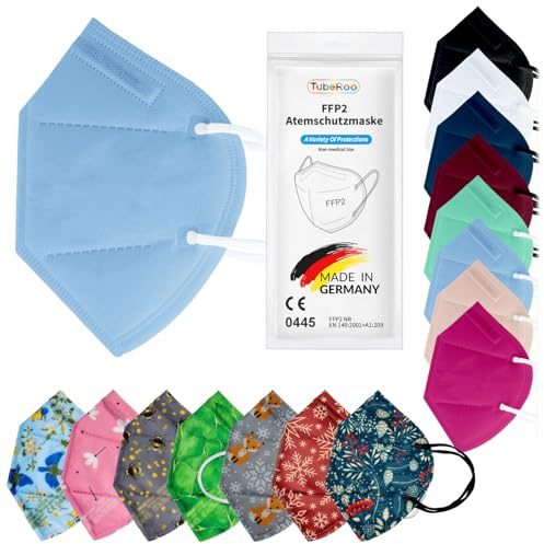 TubeRoo FFP2 Maske Bunt Farbig 100 Stück Set Masken Motiv Muster in Dunkelblau Blau Bordeaux Hellblau Pink Rot Grün Grau Weiß Schwarz, aus Deutschland, Made in Germany, Atemschutzmaske, Mundschutz