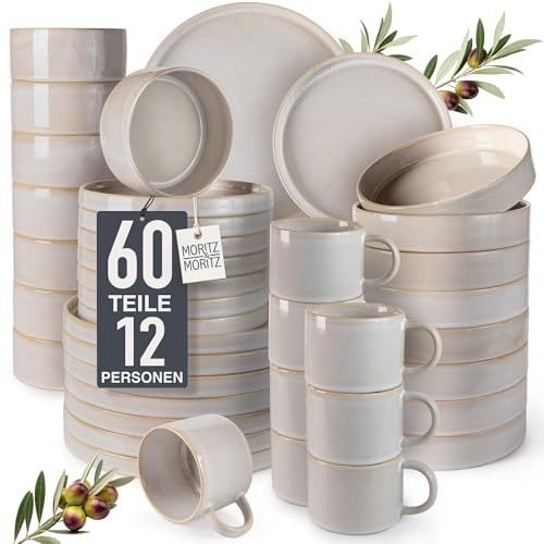 Moritz & Moritz Steingut Geschirrset 12 Personen Beige - Teller Set aus Steingut 60-teilig - Geschirr Set aus je 12 Dinnerteller, Dessertteller, Suppenteller, Schüsseln und Tassen - Serie Castello