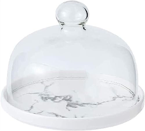 CraftNestUK Cake Holder Donut Tasting Tray Cake Storage Box Marble Textured Ceramic Tray Glass Lid Cheese And Pizza Dome Food Storage Box Serving Tray