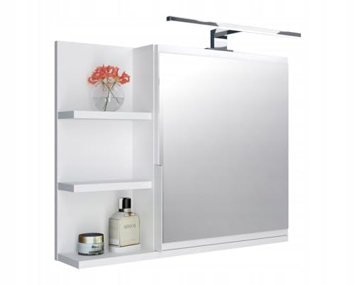FreshYou Spiegelschrank 60x50 Weiß, Badezimmerschrank mit Ablagen, Badezimmerspiegel, Hängeschrank LED Lampe - Links