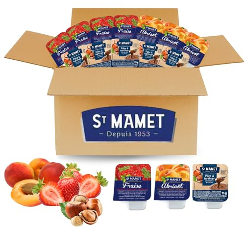 ST MAMET/NUT - 55 Barquettes de Préparation de Fruits et Pâte à tartiner | Portions individuelles de pâte à tartiner noisette 15g et confitures fraise abricot 25g - Petit déjeuner, Hôtel, Airbnb