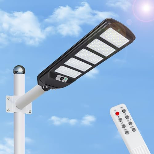 Aigostar - 300W Lampione Solare da Esterno con Sensore di Movimento, Telecomando, Impermeabile IP65, 3000LM Luce Fredda 6500K, Lampioni Solari LED per Giardino, Cortile, Strada (Non Include il Palo)