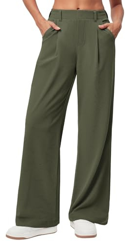 Timuspo Palazzo Pantalon d'affaires en maille gaufrée pour femme - Élégant et décontracté - Taille haute - Avec élastique - Coupe large - Pantalon de loisirs, Vert armée., S petite