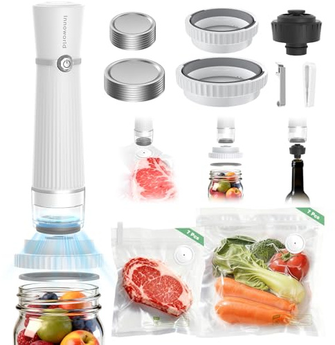 Innoworld 3-in-1 Vacuum Sealer for Food Compatible with Vacuum Bag, Mason Jar, Wine Bottle, Handheld Saver Compact Vacuum Sealer Machine with 14 Reusable Bags