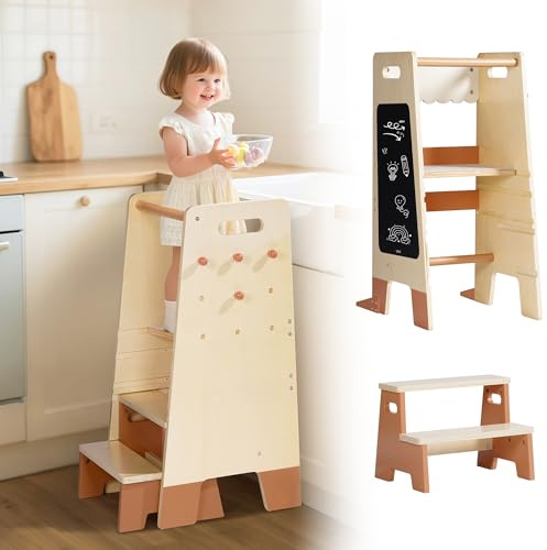 ROBUD Learning Tower with Removable Step Stool, 2-in-1 Wooden Learning Tower for Kids with Blackboard, 3 Adjustable Height, Step Stool for Kitchen Bathroom Kids 2-6 Year Old
