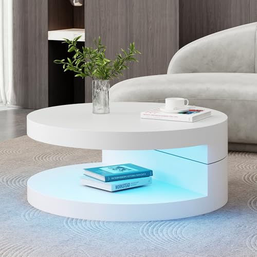 Merax Couchtisch Runde mit Drehbarer Schreibtisch, Moderner Wohnzimmertisch mit 16-Farbiger LED-Lichtleiste, Obere Tischplatte 360° frei drehbar, Sofatisch Kaffeetisch Beistelltisch für Büro, Weiß