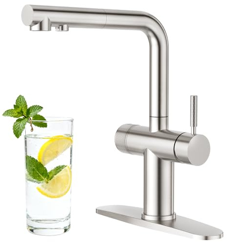 CREA 3 Way Kitchen Faucet with Pull Down Sprayer & Water Filter Built-in,Drinking Water Faucet Spout for Bar Sink Purifier Water Filter,Single Hole 2 Handles Brushed Nickel Stainless Steel