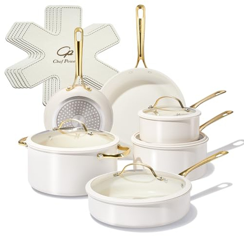 Chef Power Ceramic Cookware Sets, 15Pcs Pots and Pans Set Non Stick, Cookware Set with Stainless Steel Handle, Dishwasher & Oven Safe, Cream White and Light Gold Handle