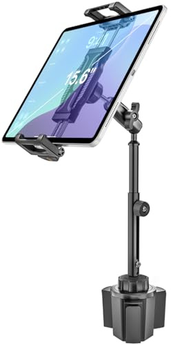 Aluminum Cup Holder Car Tablet Mount - [16 Height Adjustable] [Thick Case Friendly] Heavy Duty Truck Tablet Holder for Car Mount Accessories, for iPad Pro Air Mini, iPhone, Galaxy Tab, 6-15.6 Devices