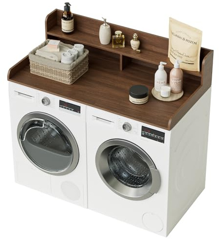 Apetaccat Plan de travail à 2 niveaux pour machine à laver et sèche-linge, organisation et rangement pour buanderie, plan de travail en bois pour machine à laver et sèche-linge, noyer